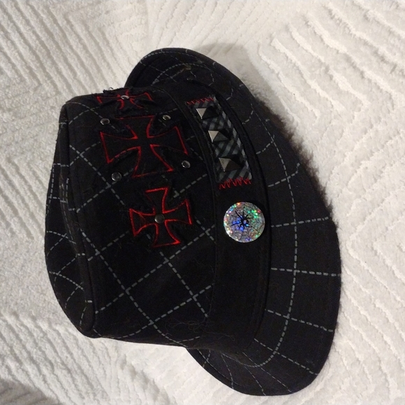 Granule Concept One Fedora Trilby Hat Black Check Crusader Cross Studded Grunge - Picture 2 of 13